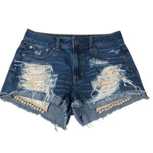 American Eagle Hi-Rise Festival Shorts 4 Distressed Lace Boho Cutoff Jean Shorts